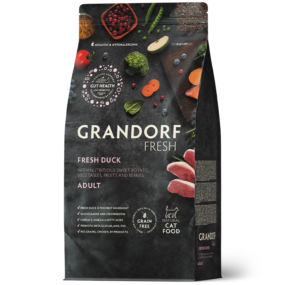 Сухой корм GRANDORF FRESH CAT Duck беззерновой, утка с бататом для взрослых кошек, диетическая формула для особо аллергичных кошек 2кг