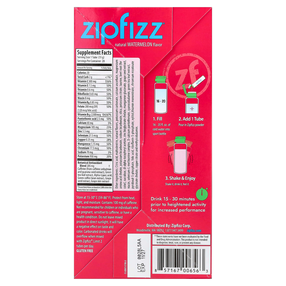 Zipfizz, смесь для энергетического напитка, со вкусом арбуза, 20 тюбиков по 11 г (0,39 унции)