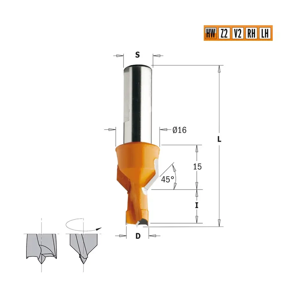 Сверло HW для присадочного станка 8x12x57,5 Z=2+2 S=10x28 LH CMT 376.080.12
