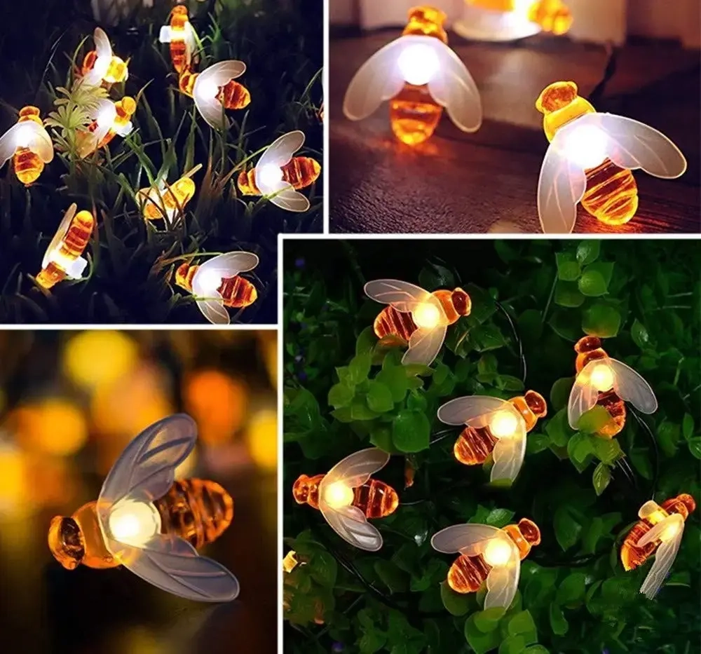 Гирлянда для улицы «Пчёлка» 3м, 20 ламп LED чёрный провод, 2 реж, IP-55, Теплый белый (солнечная батарея).