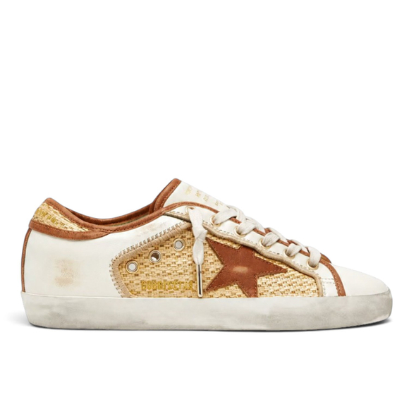 Women’s Golden Goose Superstar in White Leather and Raffia with Brick-Red Star and Inserts