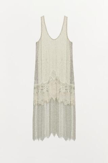 ZARA ПЛАТЬЕ С БРЕТЕЛЯМИ, БУСИНАМИ И БАХРОМОЙ — ZW COLLECTION, ЖЕМЧУЖНЫЙ/БЕЖЕВЫЙ