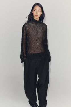 ZARA РУБАШКА С ДЕКОРОМ ИЗ БУСИН ZW COLLECTION, ЧЕРНЫЙ
