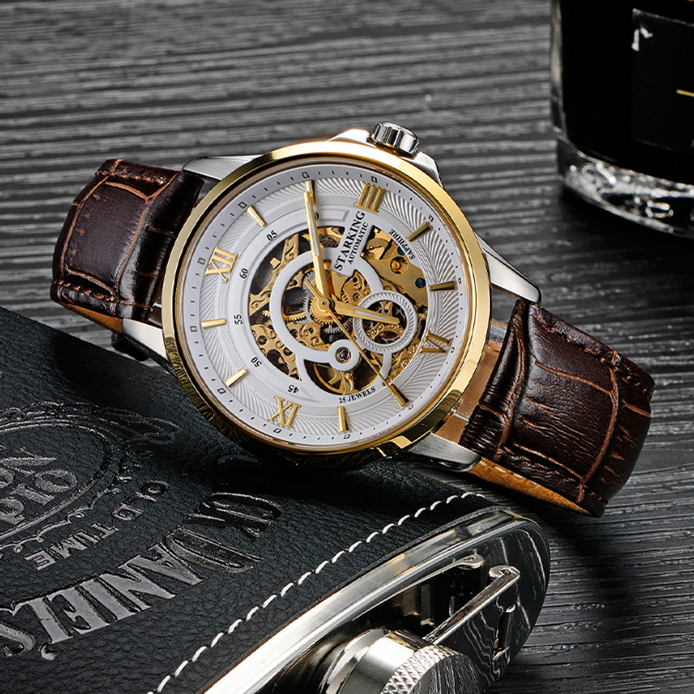 STARKING Mechanical Movement Stainless Steel Watchband Watch Men"s Watches Skeleton Dial