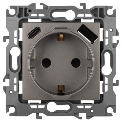 Розетка ЭРА Серия 12 12-4108-16 2P+E 16A-250В со шторками с USB type-A+C 5В-3А титан | Эра 12