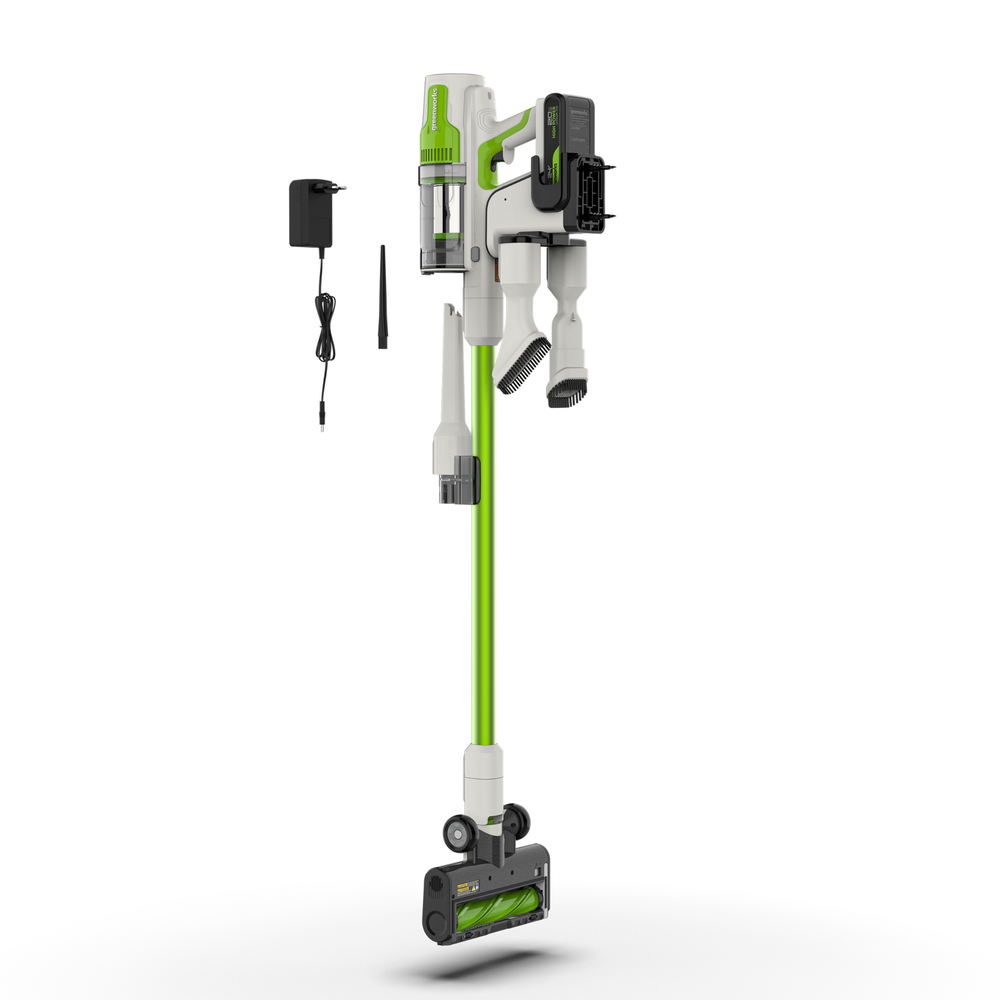 Пылесос вертикальный акк. Greenworks SV24532, 24V, б/щет, 350 Вт, 21 кПа, электрощетка, 3 насадки, LED, белый+зеленый, 1х2Ач и ЗУ (4702007UA)