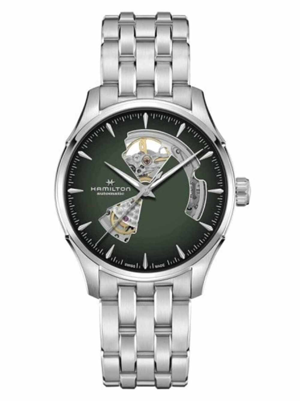 Швейцарские механические наручные мужские часы с автоподзаводом Hamilton Jazzmaster Open Heart Auto H32705160 с циферблатом насыщенного зеленого цвета с градиентным эффектом