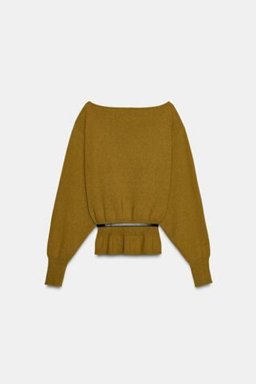 ZARA ВЯЗАНЫЙ СВИТЕР С ПОЯСОМ, ЦВЕТ ОЛИВКОВОГО МАСЛА