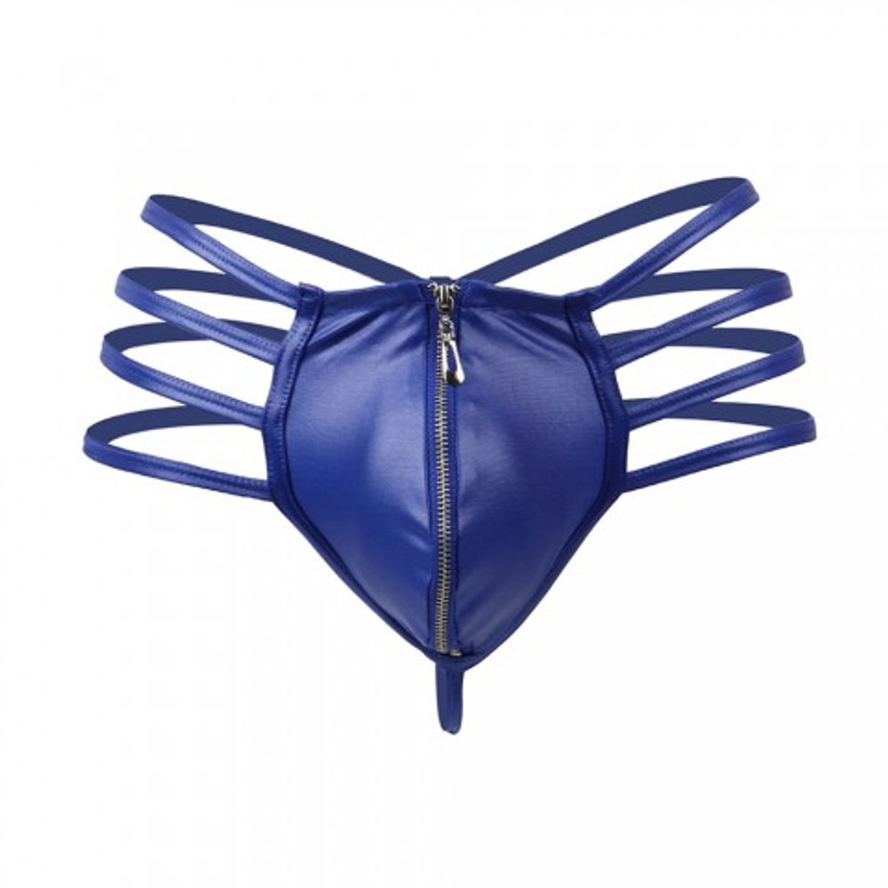 Кожаные мужские стринги Ohyeah Zipper Blue, на молнии со стрепами, S