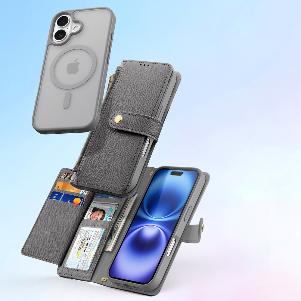 Чехол кошелек с MagSafe из TPU кожи серого цвета от Dux Ducis для iPhone 16, серия Lawa Series Case