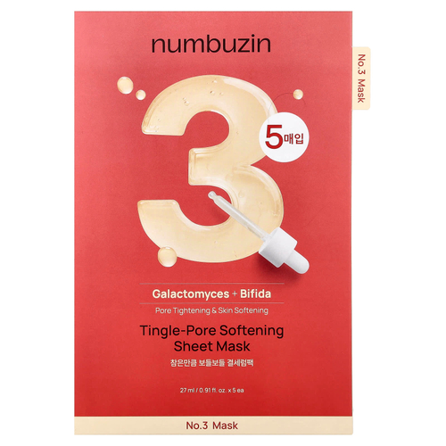 Numbuzin, № 3 смягчающая тканевая маска для лица, 5 шт. по 27 мл (0,91 жидк. унции)