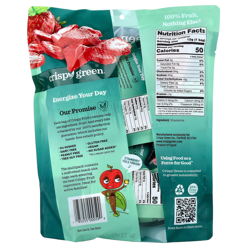 Crispy Green, Crispy Fruit, со вкусом клубники, 4 пакетика по 12 г (0,42 унции)
