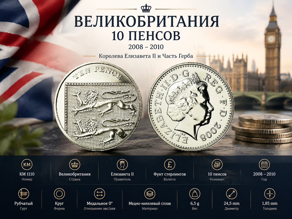 Великобритания 10 пенсов, 2008 Королева Елизавета II XF