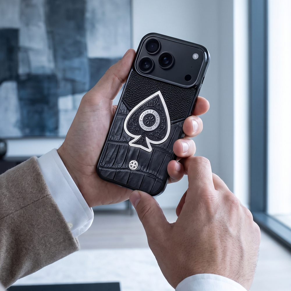 Мужчина держит iPhone 18 Pro Max в чехле Euphoria Ace of Spades LUX —  премиальный кожаный чехол туз пик, натуральная кожа крокодила,  эксклюзивный аксессуар для iPhone 18 Pro