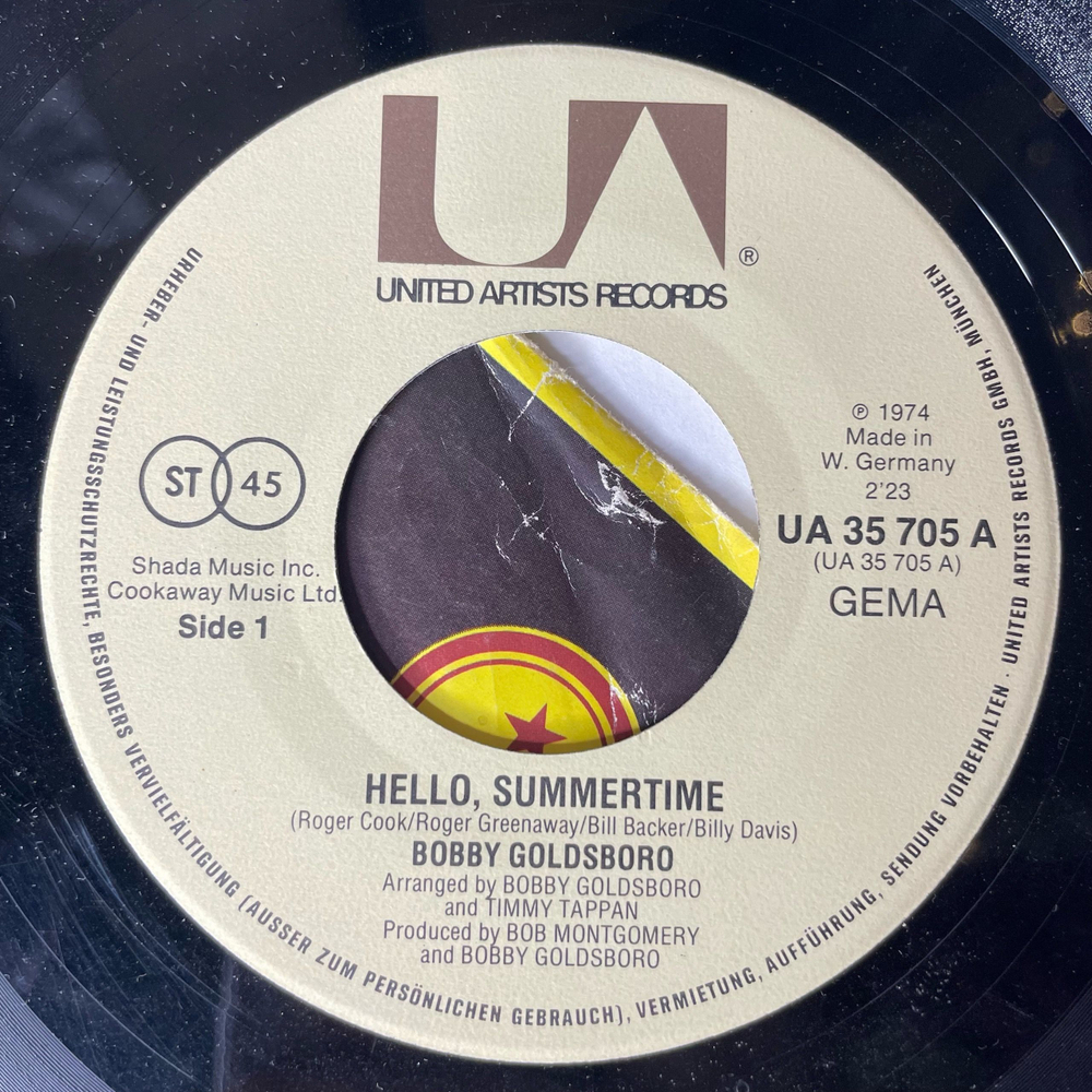 Винтажная виниловая пластинка 7 дюймов (маленькая пластинка) Bobby Goldsboro, Hello, Summertime (Germany 1974)