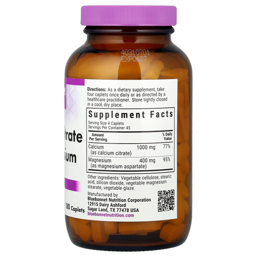 Bluebonnet Nutrition, цитрат кальция с магнием, 180 капсул