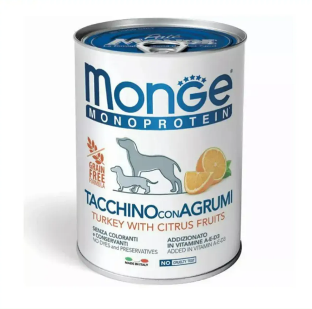 Monge Dog Natural Monoprotein Fruits (Монж Дог) паштет для собак из индейки с рисом и цитрусовыми 400гр. - 12 баночек