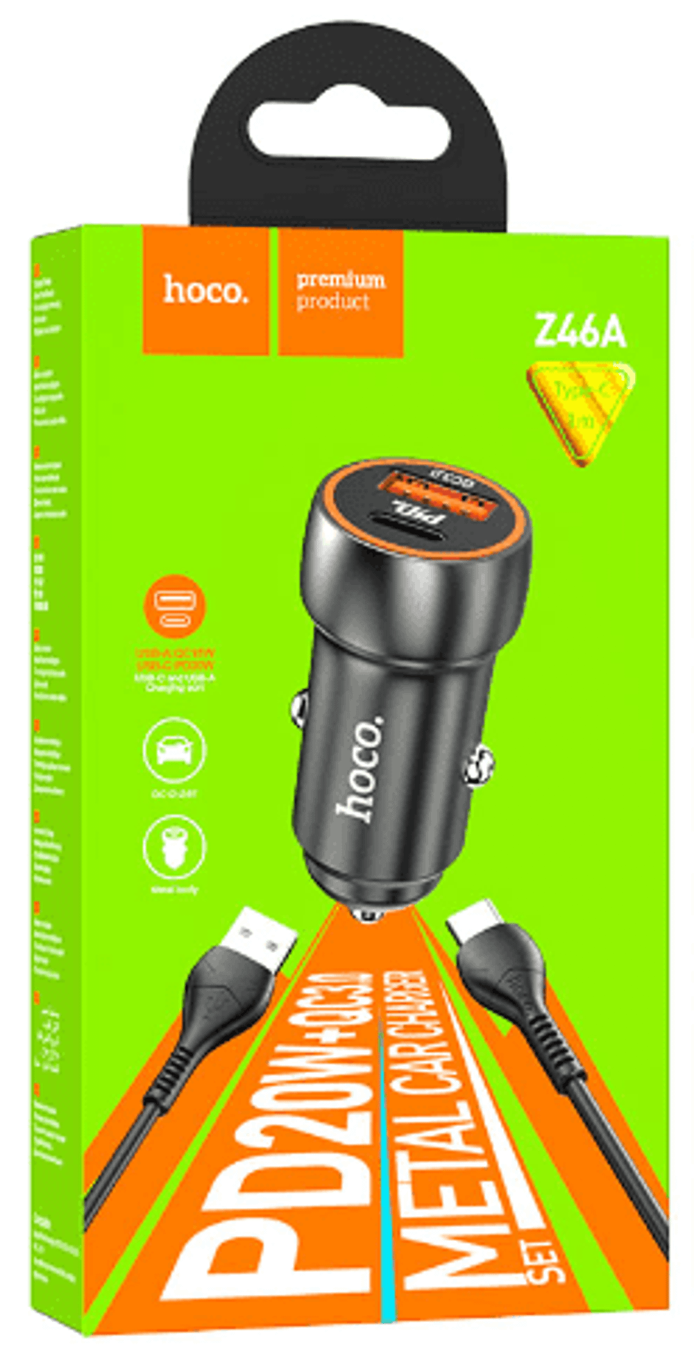 Автомобильное заряд. устр. Hoco Z46A 1USB/1C 18W/20W QC3.0 серое