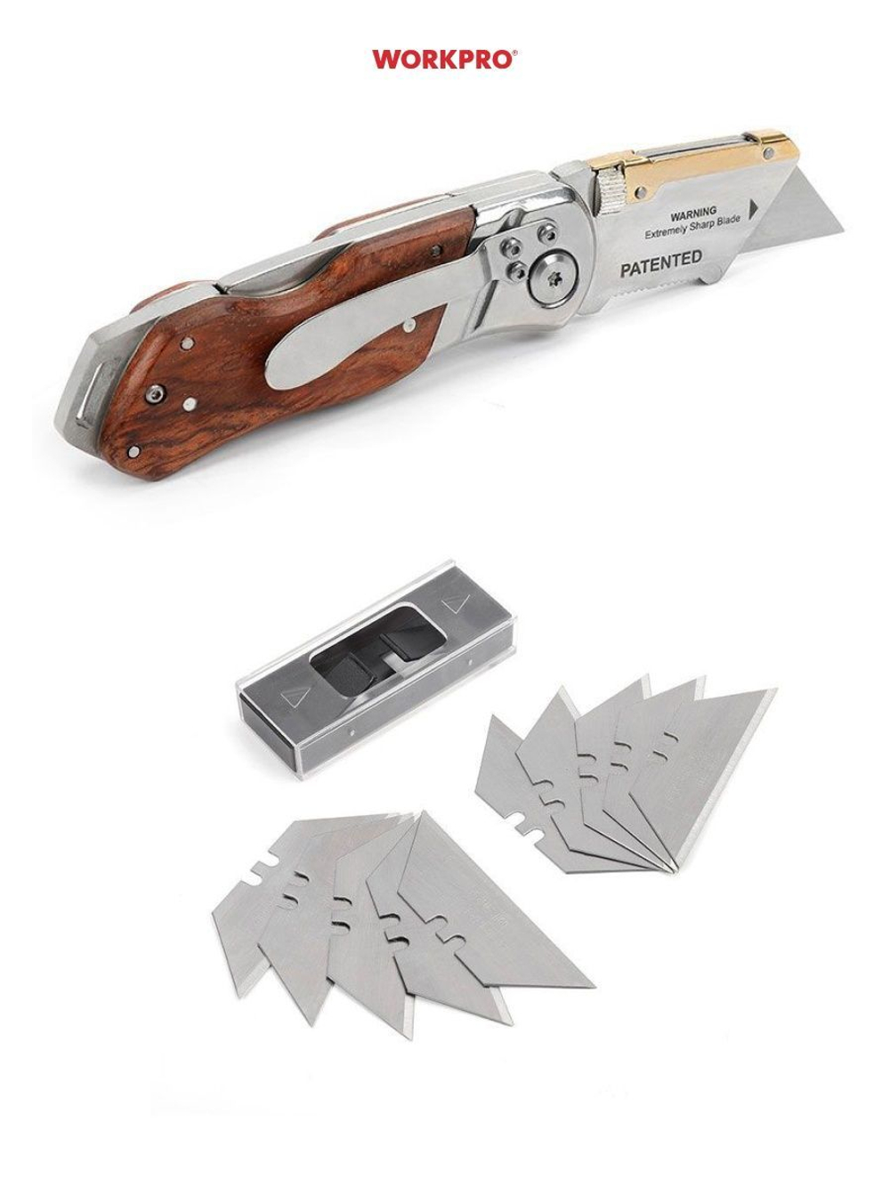 Нож складной с деревянной ручкой + 10 лезвий WORKPRO WP211014