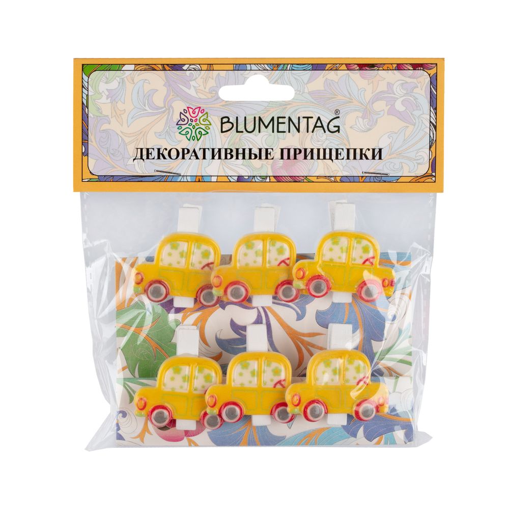 Прищепки декоративные 5х6 шт, 3.5 см, C20 Желтые машинки, Blumentag WCRH-35