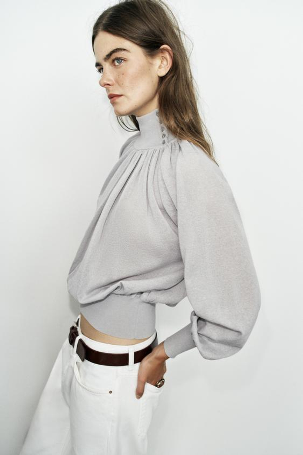 ZARA СТРУЯЩАЯСЯ КОМБИНИРОВАННАЯ БЛУЗА, СВЕТЛО-СЕРЫЙ