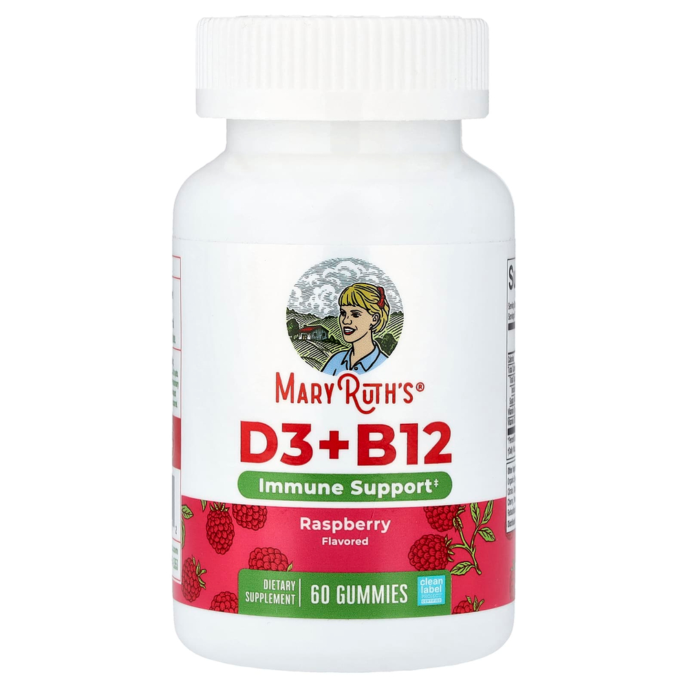 MaryRuth's, витамины D3 и B12, со вкусом малины, 60 жевательных мармеладок