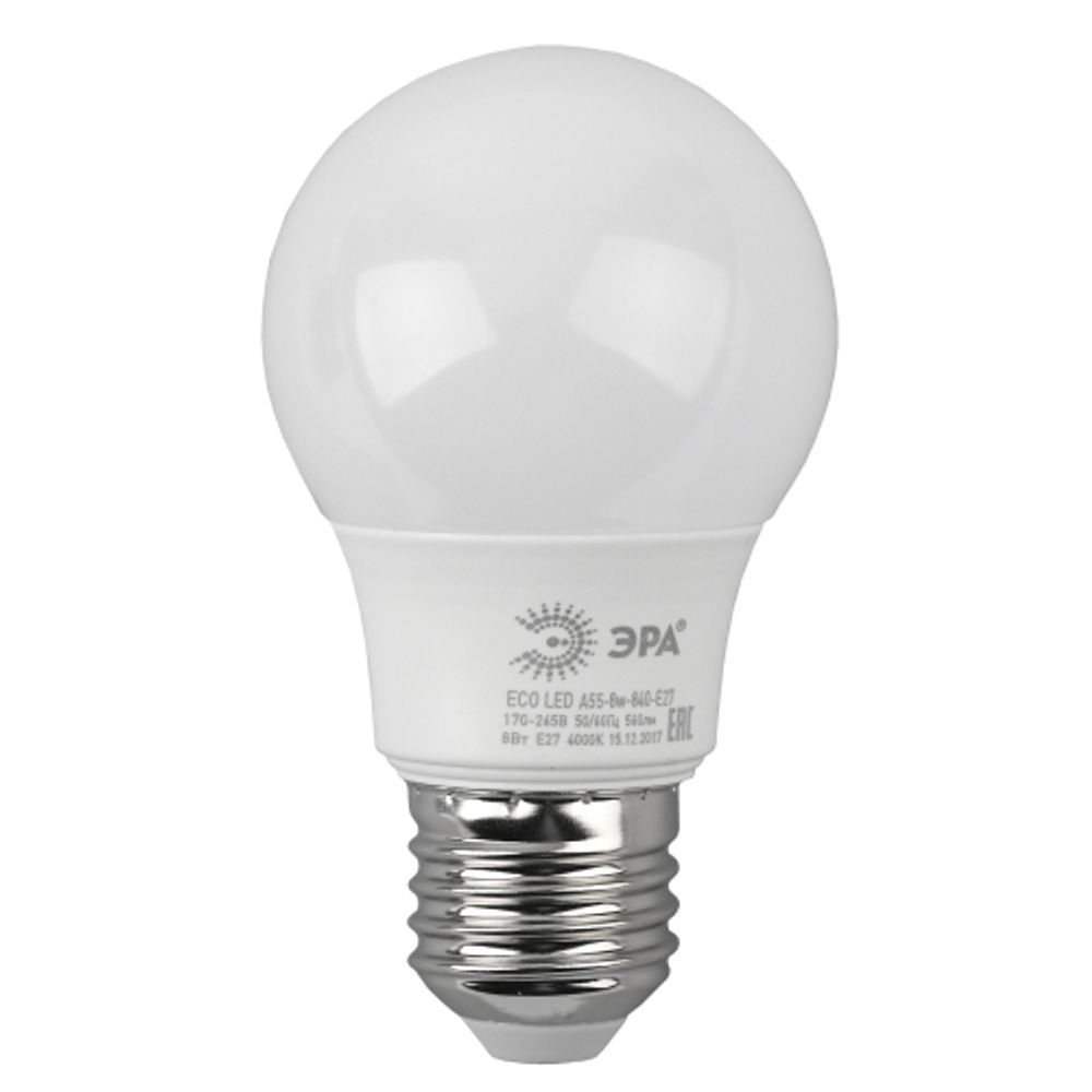 Лампа светодиодная ЭРА RED LINE ECO LED A55-8W-840-E27 8Вт груша нейтральный белый свет Е27 | Лампы cветодиодные Груша (A)