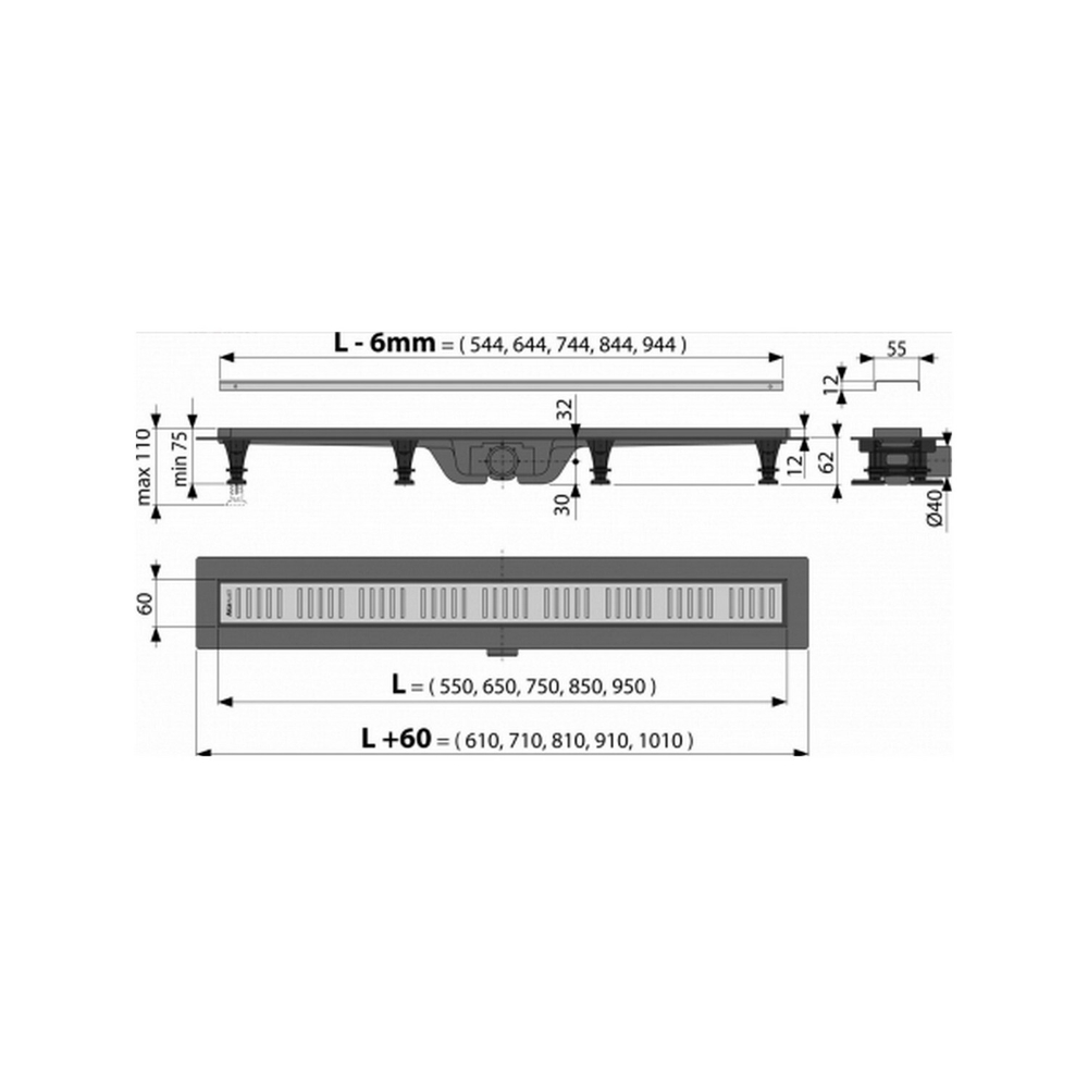 Трап линейный комбинированный Simple APZ10-950M/AG100401950 гор.отвод, решетка в компл., нерж. сталь