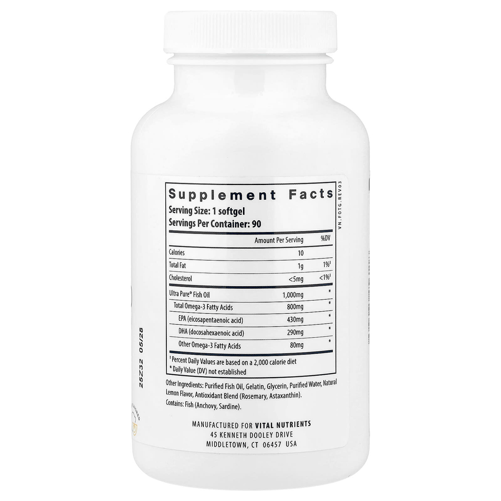 Vital Nutrients, Ultra Pure® Omega-3, рыбий жир 800, лимон, 90 мягких таблеток