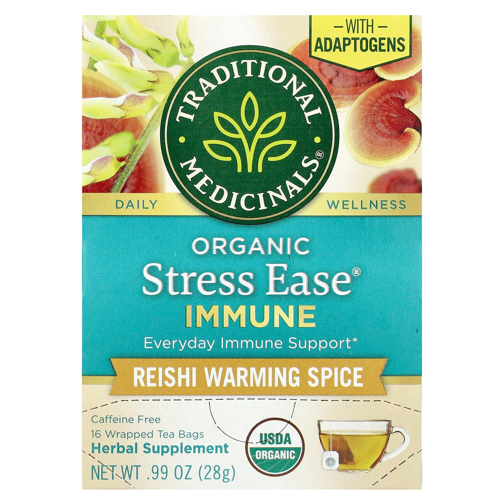 Traditional Medicinals, Organic Stress Ease® Immune, согревающая приправа с грибами рейши, без кофеина, 16 чайных пакетиков в упаковке, 28 г (0,99 унции)