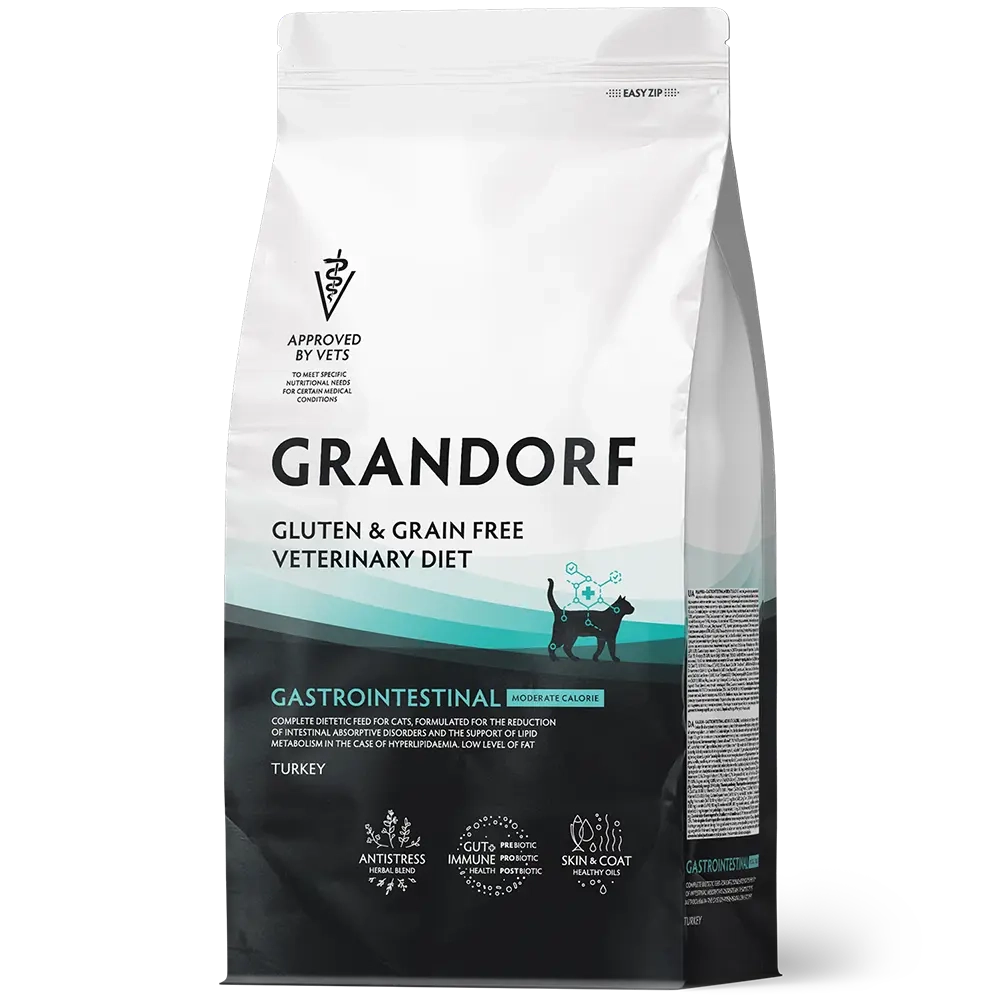 Сухой корм GRANDORF VETERINARY DIET Cat GASTROINTESTINAL MODERATE CALORIE, Полнорационный диетический сухой корм для кошек, разработанный для лечения острых расстройств пищеварения и поддержки липидного обмена при гиперлипидемии индейка 2кг