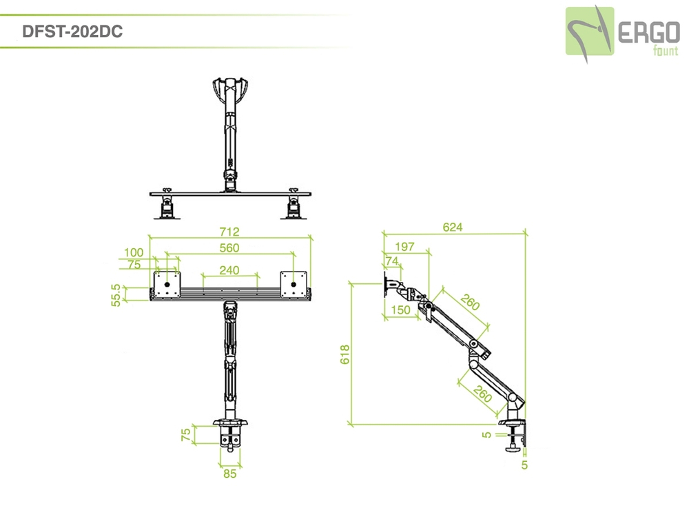 ErgoFount DFST-202DC Шарнирное настольное крепление для 2 мониторов диагональю до 27'' с двухколенным вылетом, газово-пружинным амортизатором и зажимом к столу типа "С". Цвет - серебристый