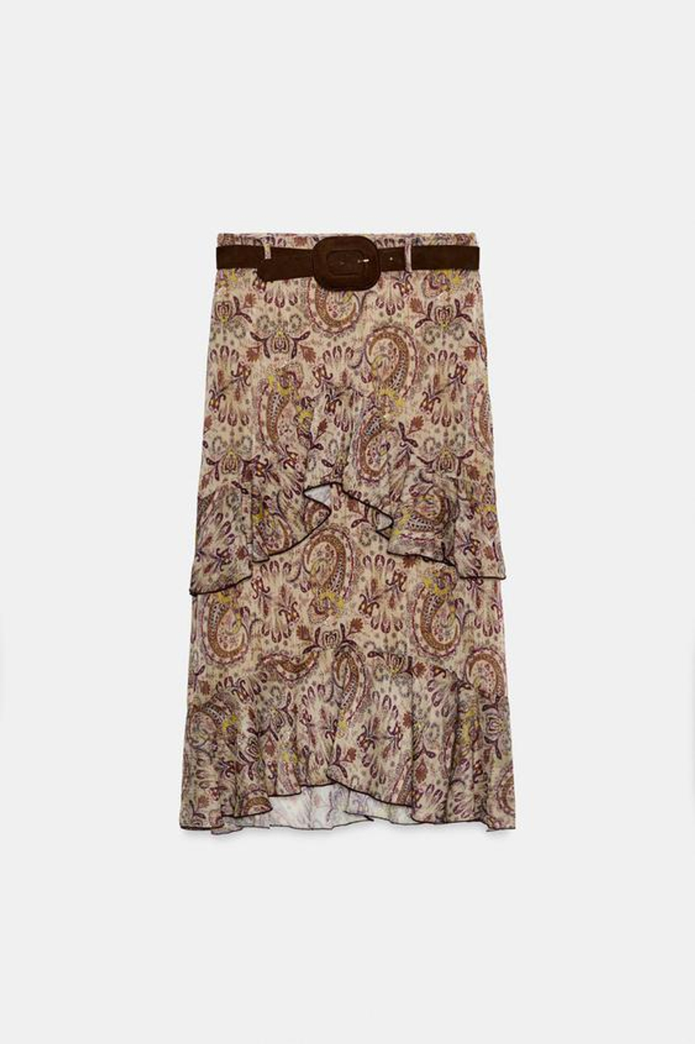 ZARA ЮБКА МИДИ С ПРИНТОМ, ОБОРКАМИ И ПОЯСОМ, РАЗНОЦВЕТНЫЙ