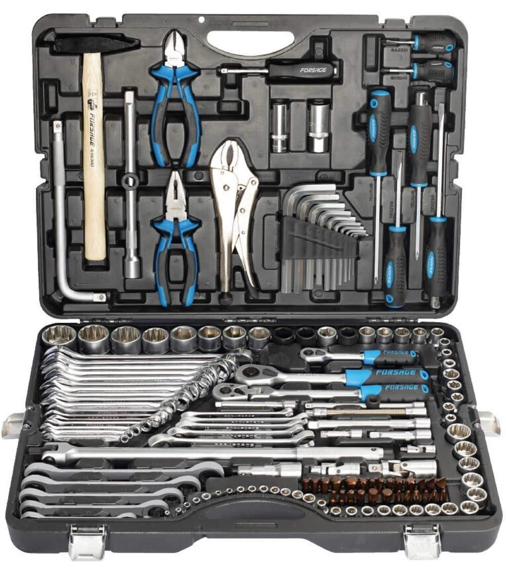 Набор инструментов 142+6пр. 1/4''3/8''1/2''(6-гран.)(4-36мм, 27,30,32,36-12гр.)+(ключи трещоточные:8х10,12х13,14х15,16х17,18х19мм, бокорезы-7'') Forsage F-41421-5 Premium