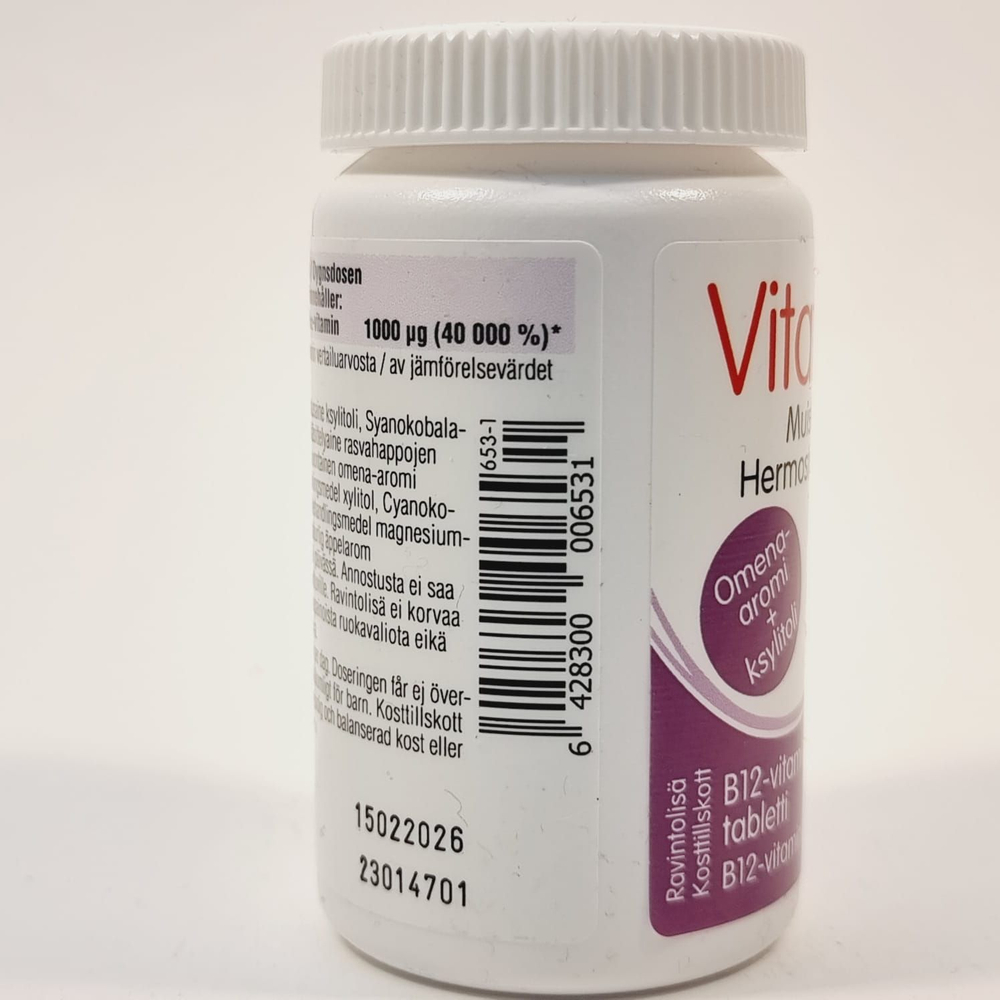 Vitatabs Цианкобаламин (B12) 1000 мкг + ксилит, 100 таблеток со вкусом яблока, 50 г (из Финляндии)