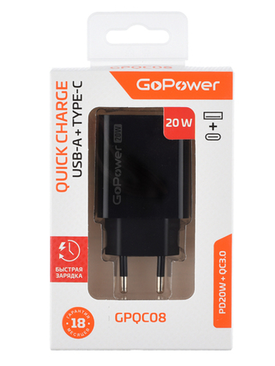 Сетевое зарядное устройство GoPower GPQC08 1USB+1Type-C 20W QC3.0 черный