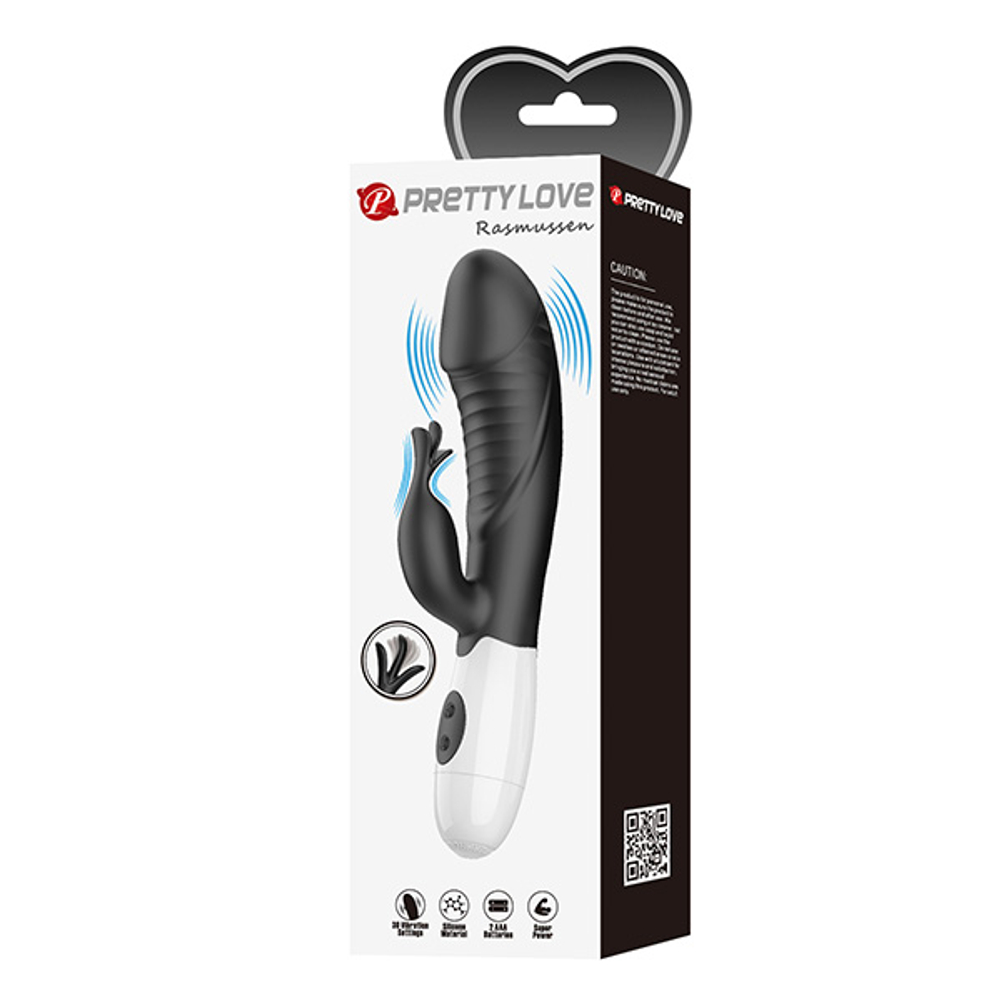 Черный вибратор-кролик 19,8см со стимулятором клитора Pretty Love Rasmussen Bunny Vibrator Black BW-500072-A3