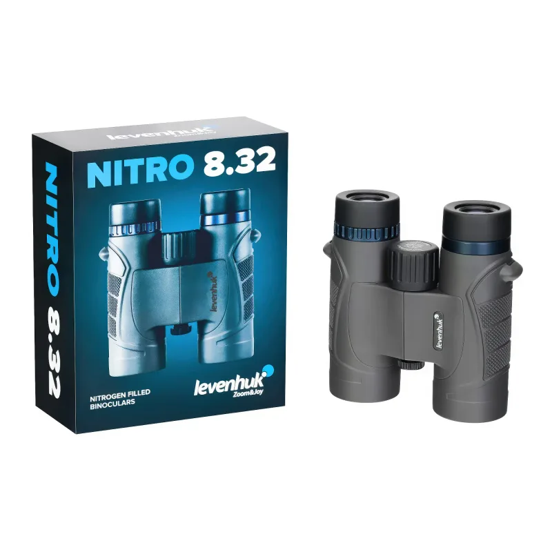 Бинокль Levenhuk Nitro 8x32 рядом с коробкой, вид спереди
