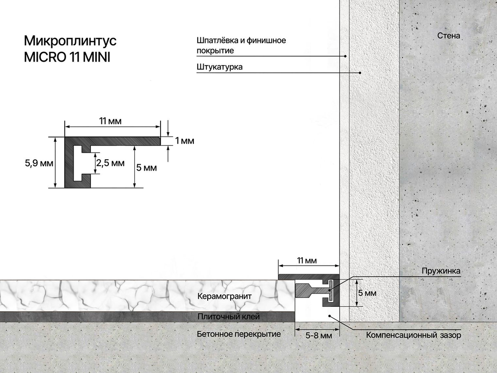 Микроплинтус серебристый анодированный алюминиевый Laconistiq Micro 11 11x5x2000 мм