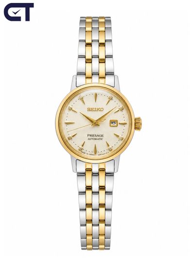 Seiko SRE010J1 Presage Cocktail Time женские наручные часы — White Lady Diamond Twist в золотистой гамме