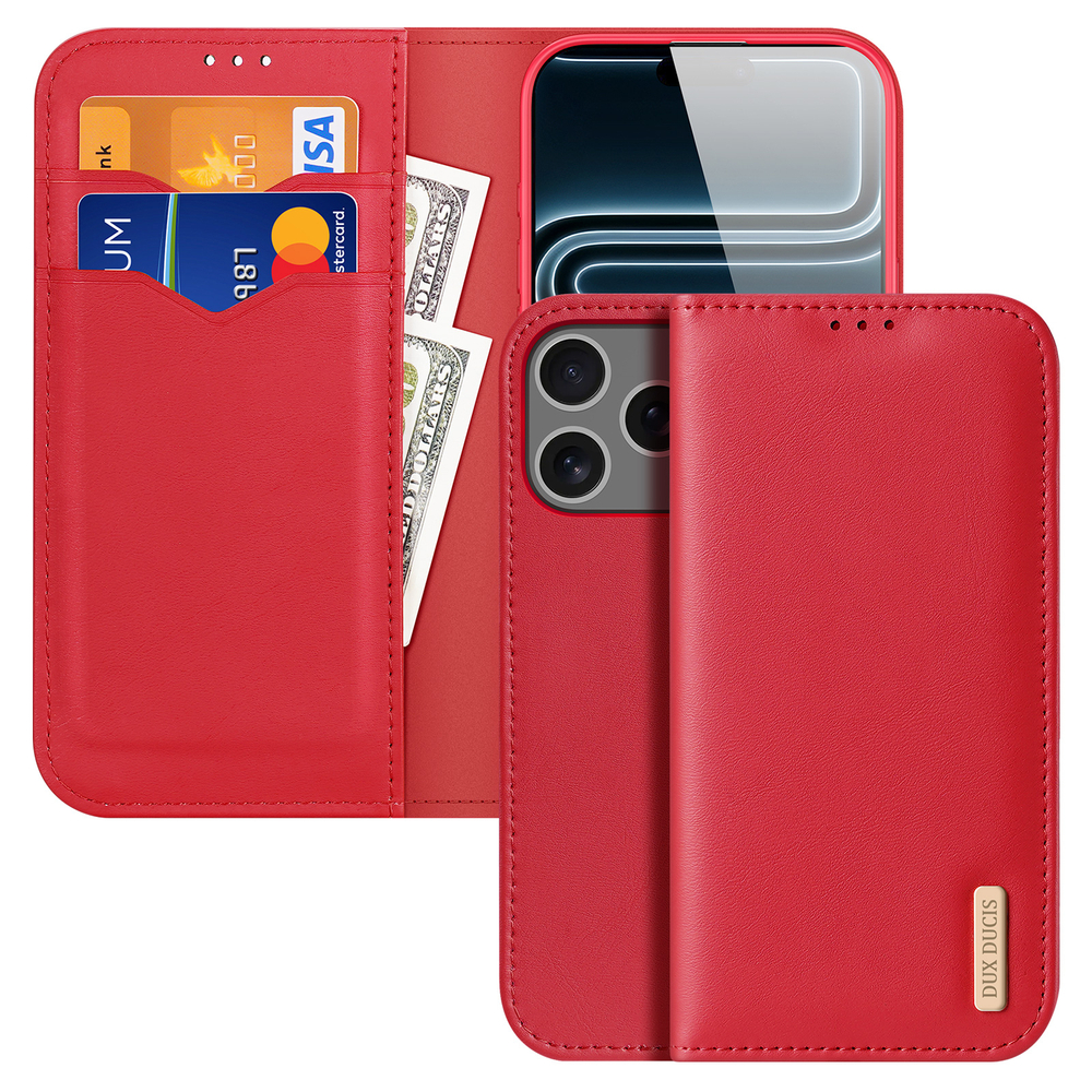 Чехол книжка из натуральной кожи красного цвета для iPhone 17 Pro Max, серия Hivo Series Case (защита RFID) от Dux Ducis