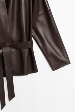 Massimo Dutti Куртка из кожи наппа с запахом и завязками, коричневый