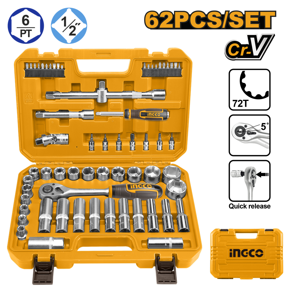 Набор торцевых головок INGCO HKTS12602 INDUSTRIAL 1/2" 10-32 мм 62 шт.
