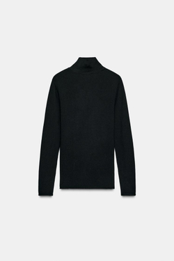 ZARA СВИТЕР ИЗ СМЕСОВОЙ ШЕРСТИ С ПЕРЕКРЕЩЕННЫМ ВОРОТНИКОМ, ЧЕРНЫЙ