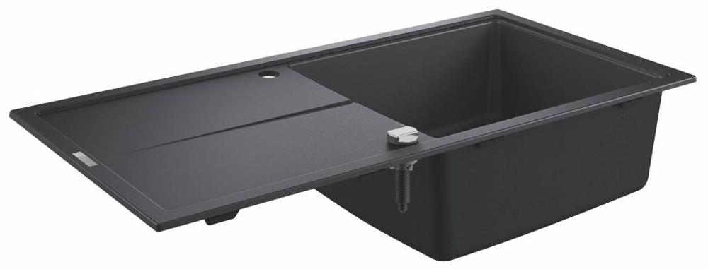 K400 60-C 100/50 1.0 Композитная мойка с одной чашей и крылом, оборачиваемая, с корзинчатым вентилем и автоматическим сливным гарнитуром, черный грани