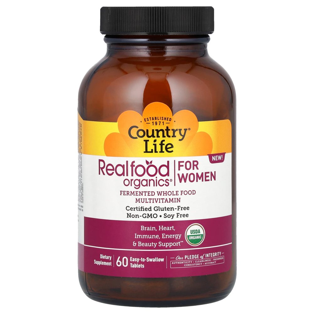 Country Life, Realfood Organics, мультивитамины для женщин, 60 таблеток, которые легко глотать