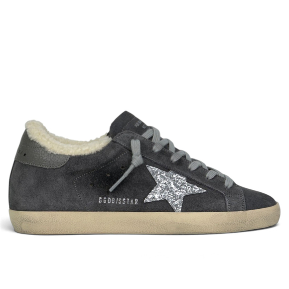 Women’s Super Star Shearling in Anthracite Suede With Silver Glitter Star