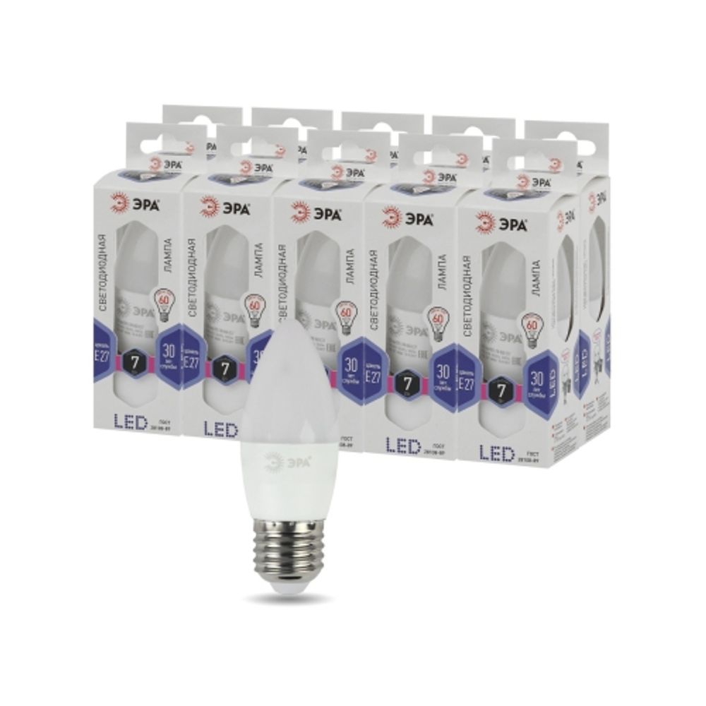 Лампа светодиодная ЭРА STD LED B35-7W-860-E27 7Вт свеча холодный дневной свет Е27 | Лампы cветодиодные Свеча (B/C)