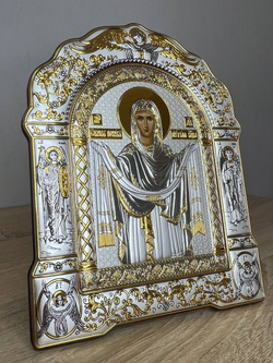 Покрова БМ, икона арочная с рамкой, красное дерево 167х228