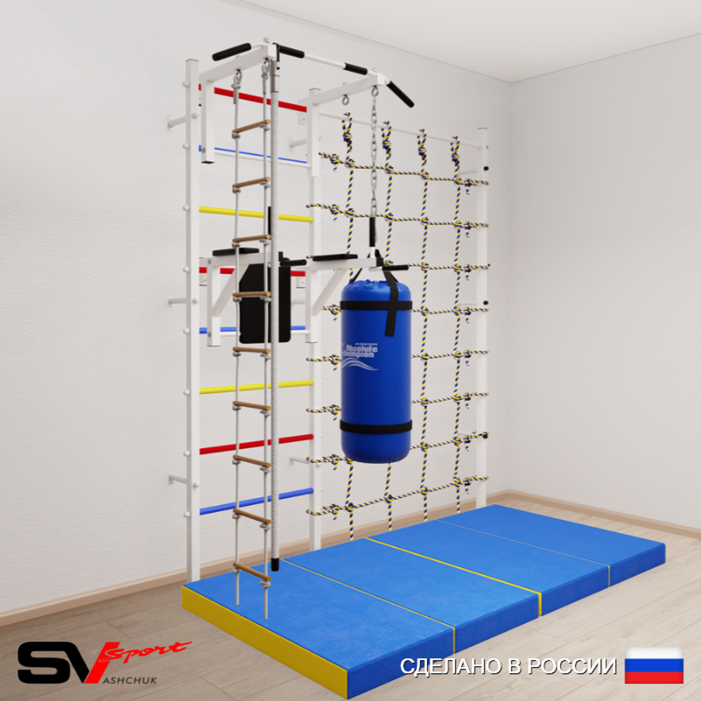 Шведская стенка Sv Sport усиленная 67560 (Турник стандарт/Брусья/Канат/Лестница/Цепь/Мешок 22кг/Мат 2м/Канатный лаз)